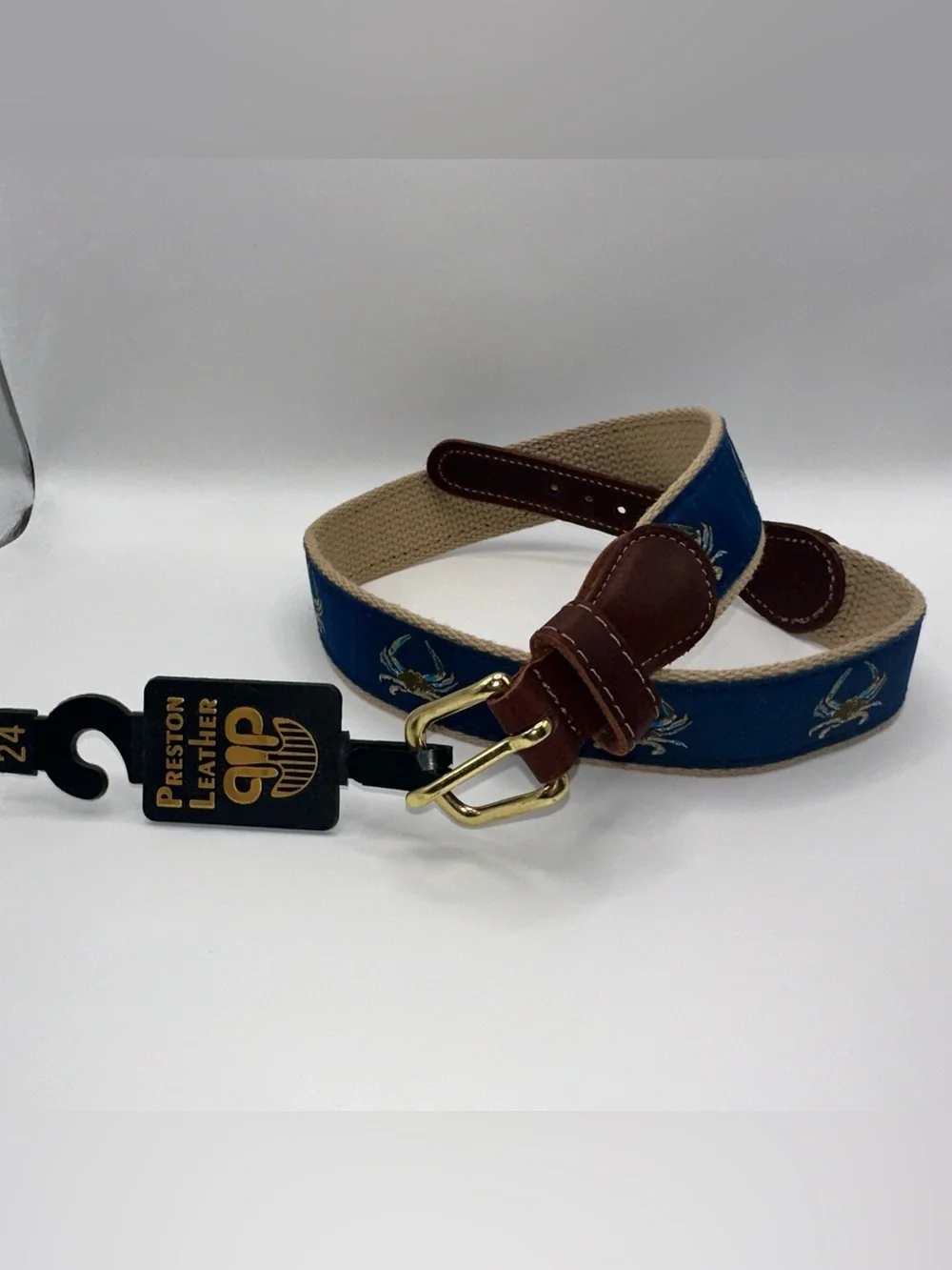 Preston Leather Crab Nautical Belt Solid Brass Buckle Kids Size 24 Made in USA